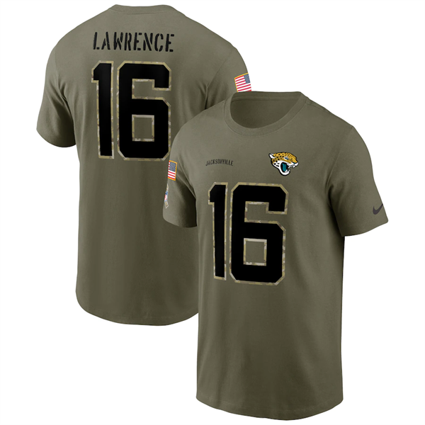 Men's Jacksonville Jaguars #16 Trevor Lawrence 2022 Olive Salute to Service T-Shirt